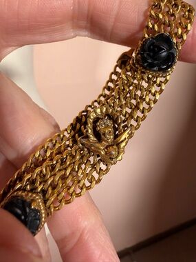Goldette vintage cherub angels black rose Victorian revival charm slide bracelet